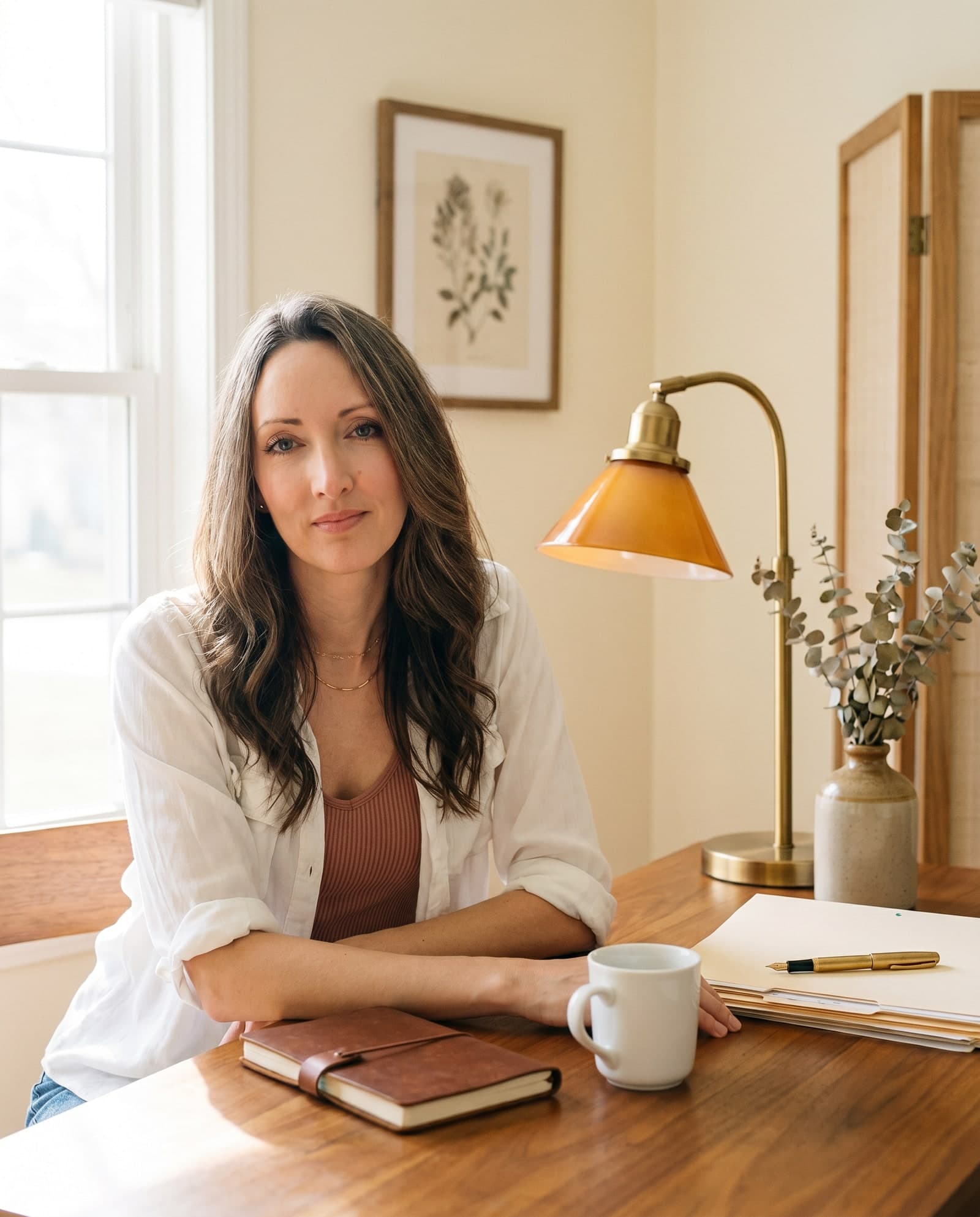 Rachelle Elliott, Managing Partner of Thrive HR Studio, seated at a sunlit desk in her studio.