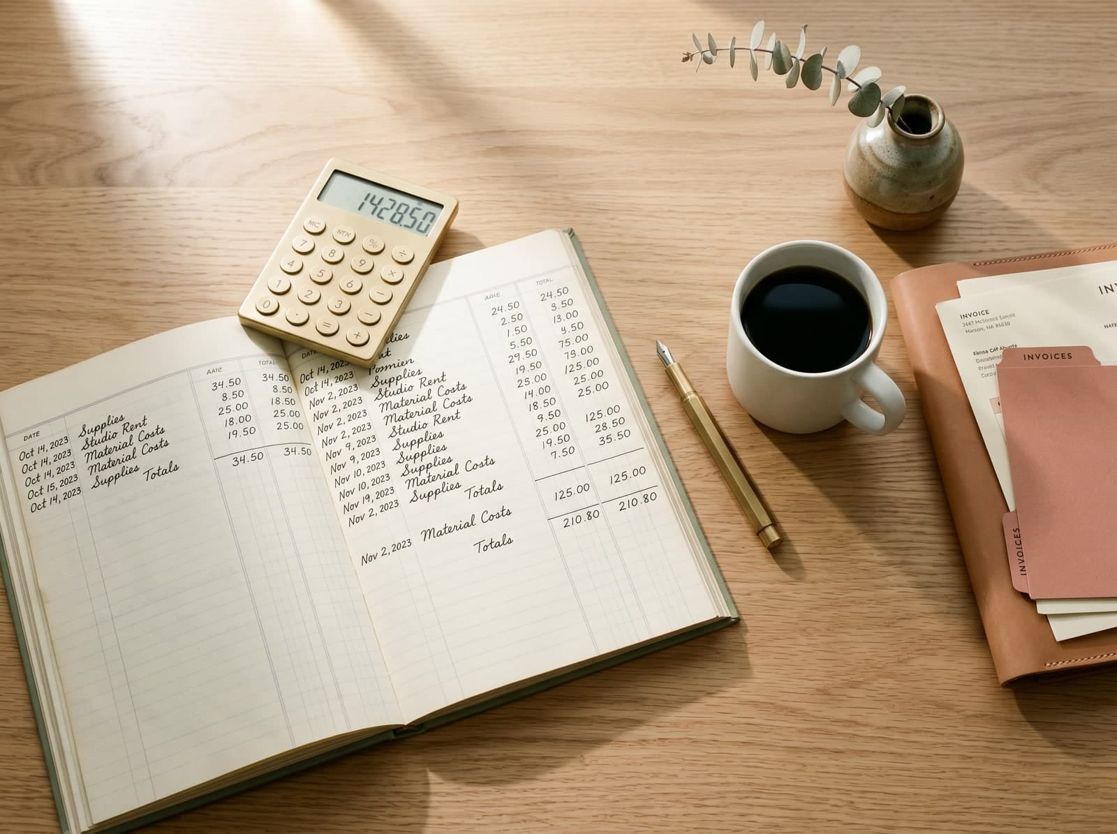 Editorial desk still life — open ledger with handwritten columns, brass calculator, fountain pen, ceramic mug, leather folder.