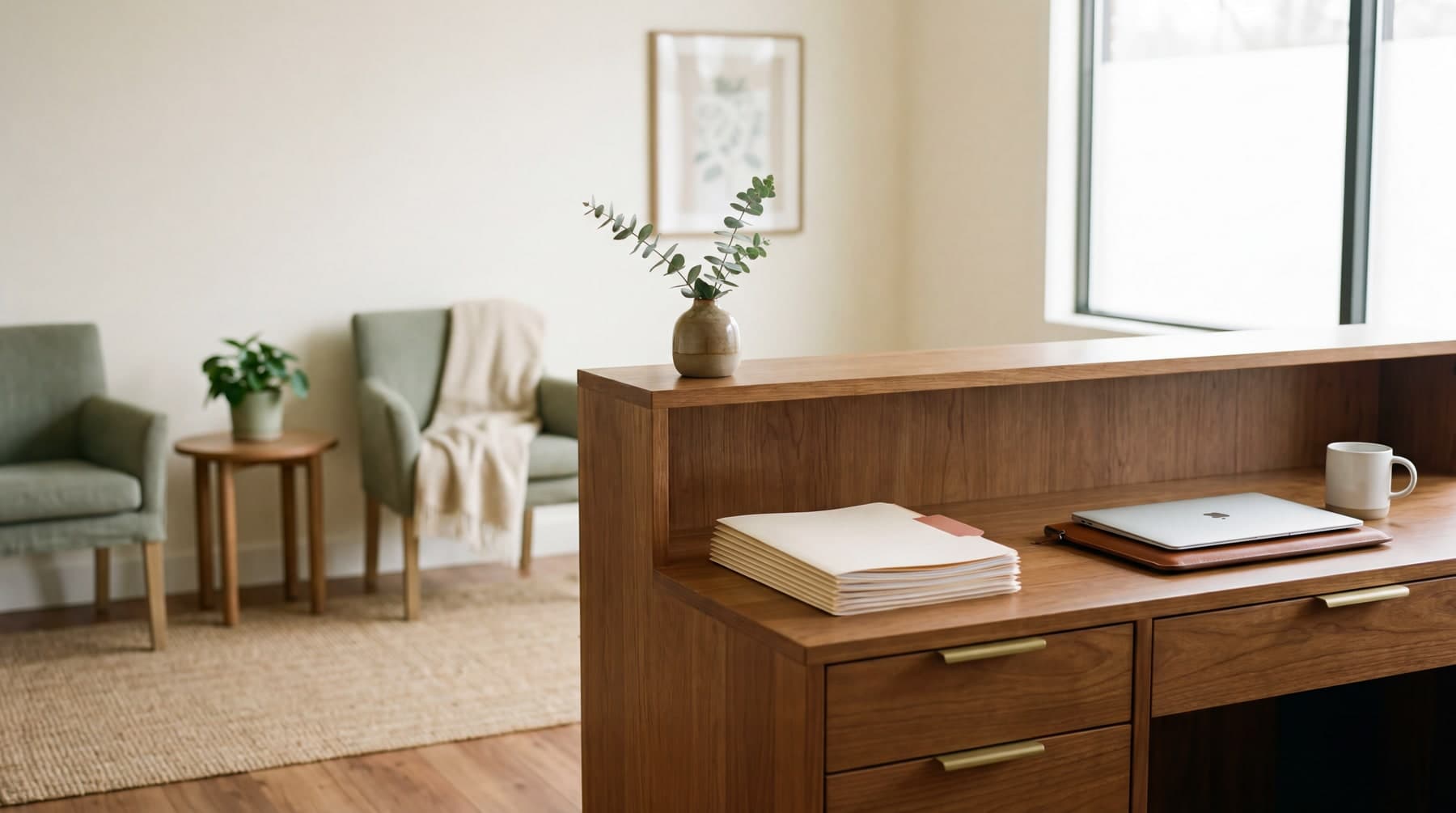 Warm sunlit medical practice reception area, no people in frame.