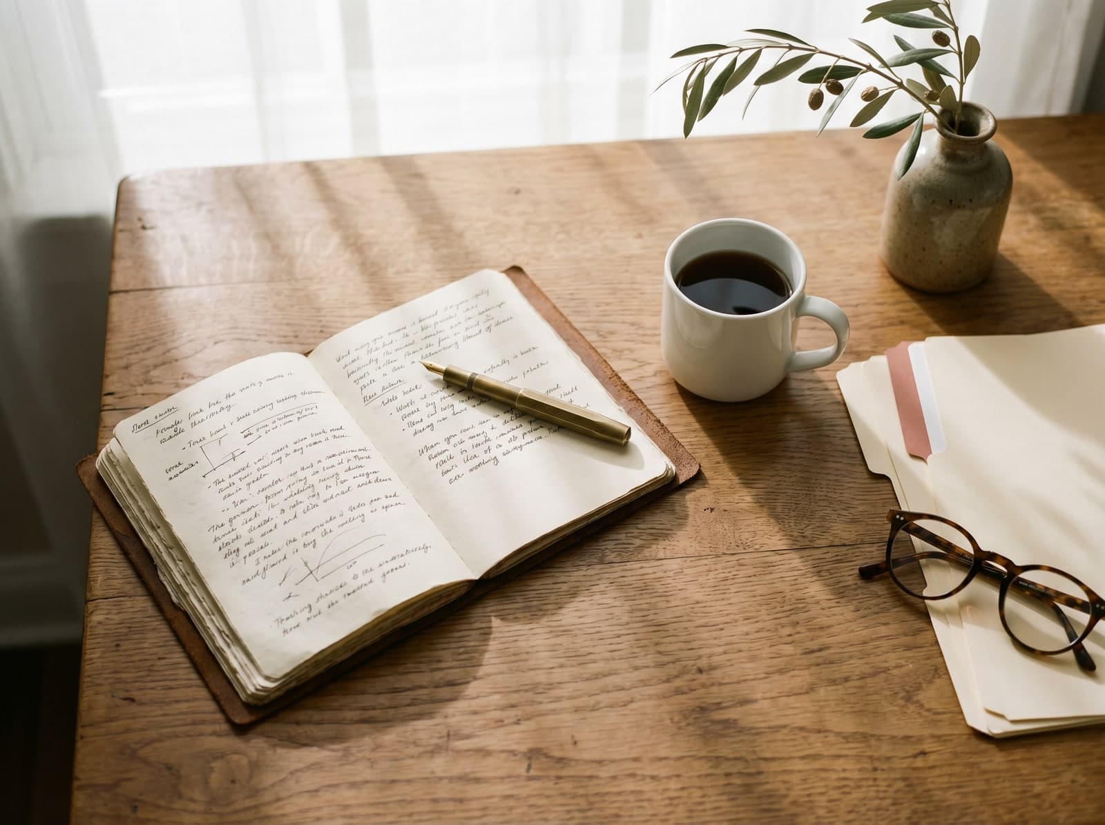 Editorial desk still life — open notebook, brass fountain pen, ceramic mug, tortoiseshell reading glasses, sprig of dried eucalyptus.