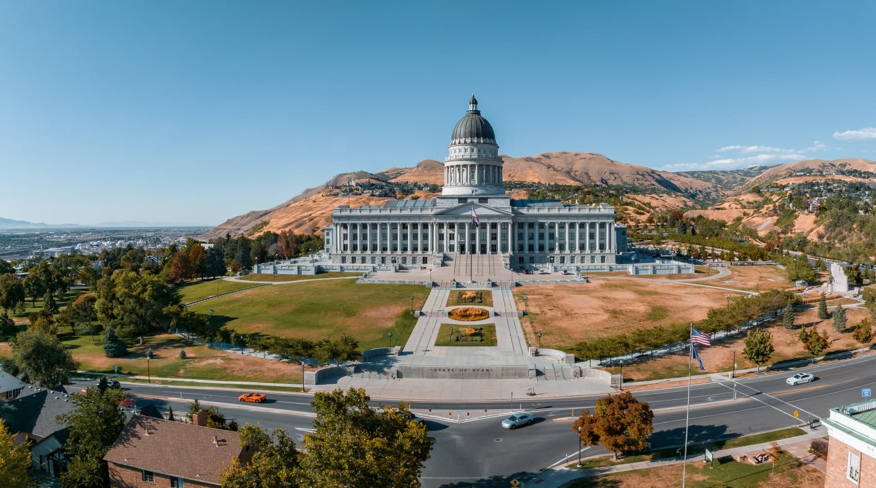 Utah State Capitol building, dignified civic architecture in warm daylight.