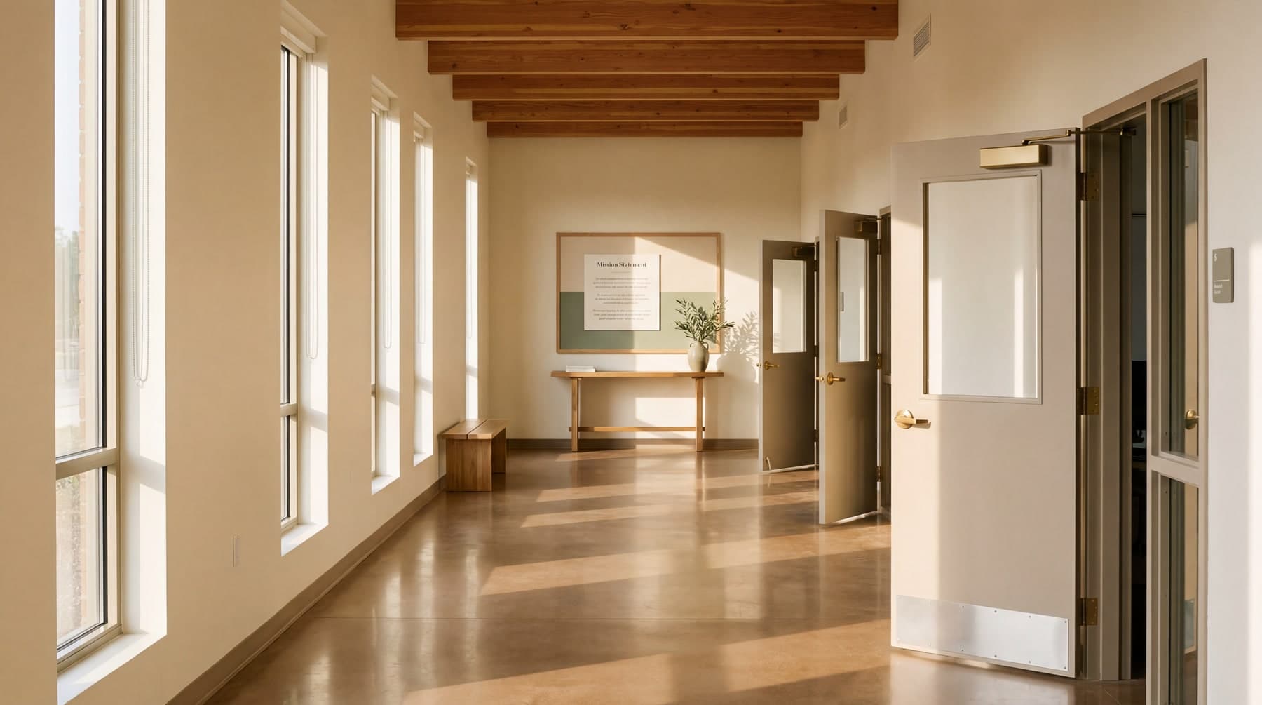 Empty sunlit school hallway with warm wood floors and tall windows.