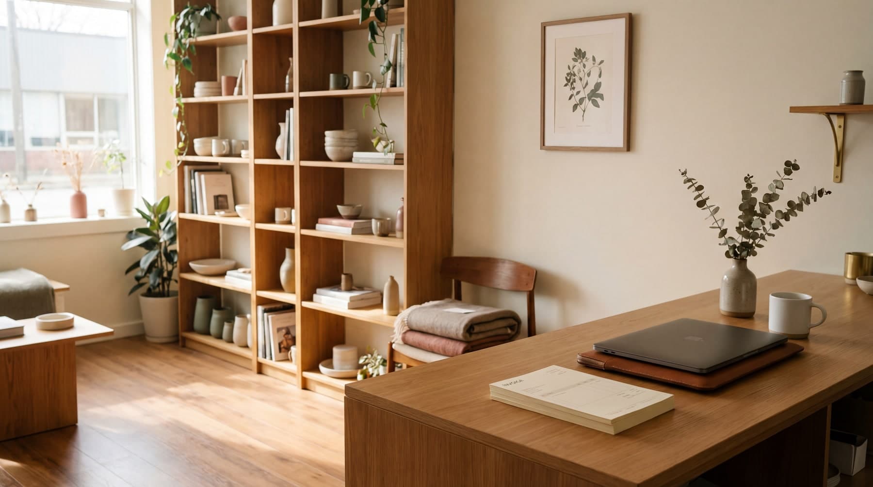 Warm sunlit small-business interior — curated wood shelves and a clean wood counter.