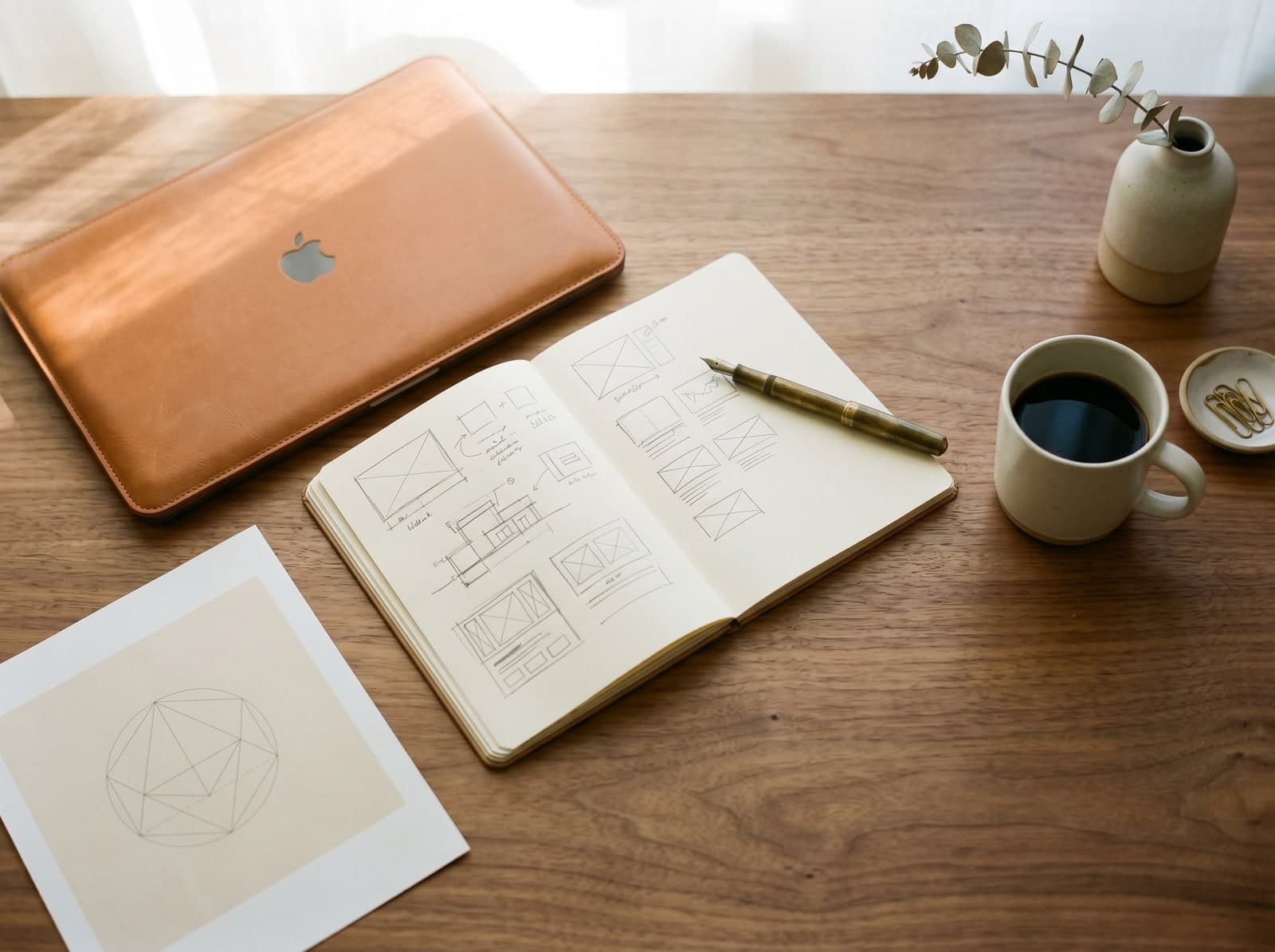 Editorial desk still life — closed laptop in tan leather sleeve, sketchpad with pencil wireframes, brass paper clips, ceramic mug.